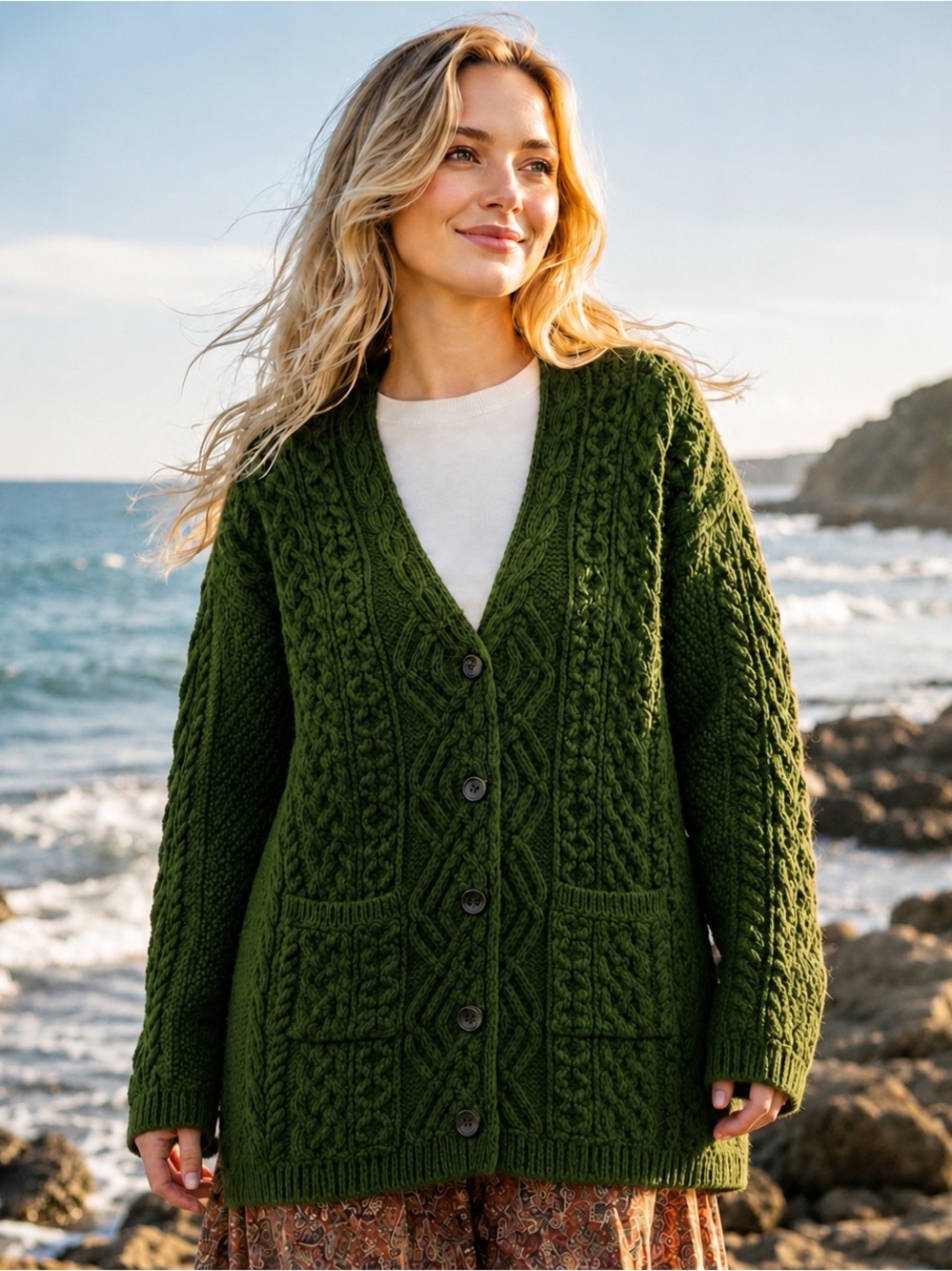 Aran Crafts XXL Olive Green Irish Cable Knit Button Coat Cardigan